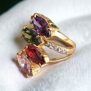 NEW Gold Plated Crystal Ring Pink Red Green Purple Cubic Zirconia Size 7.5